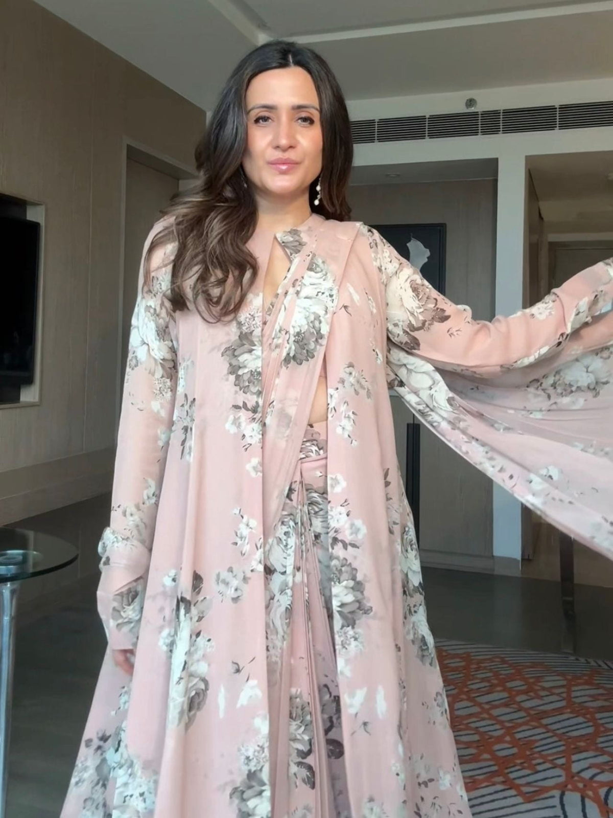 Mitali Wadhwa in Studio 113 Tara Blossom Pink Drape Saree and Jacket Set