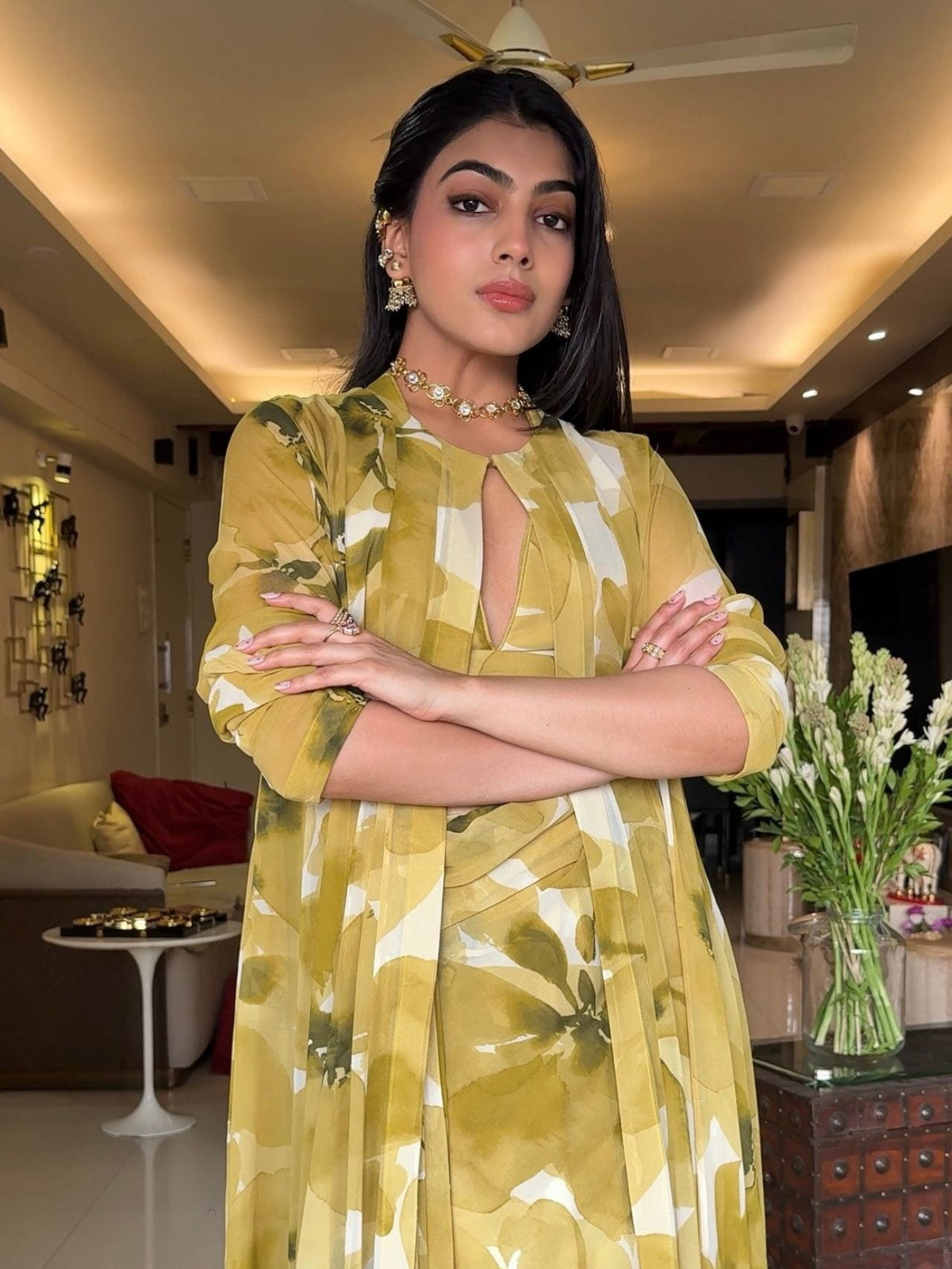 Shimoli Kapasi in Studio 113 Lara Lime Drape Saree and Jacket Set