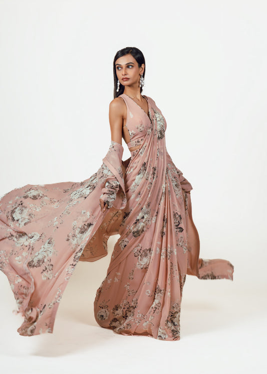 Tara Blossom Pink Drape Saree and Jacket Set
