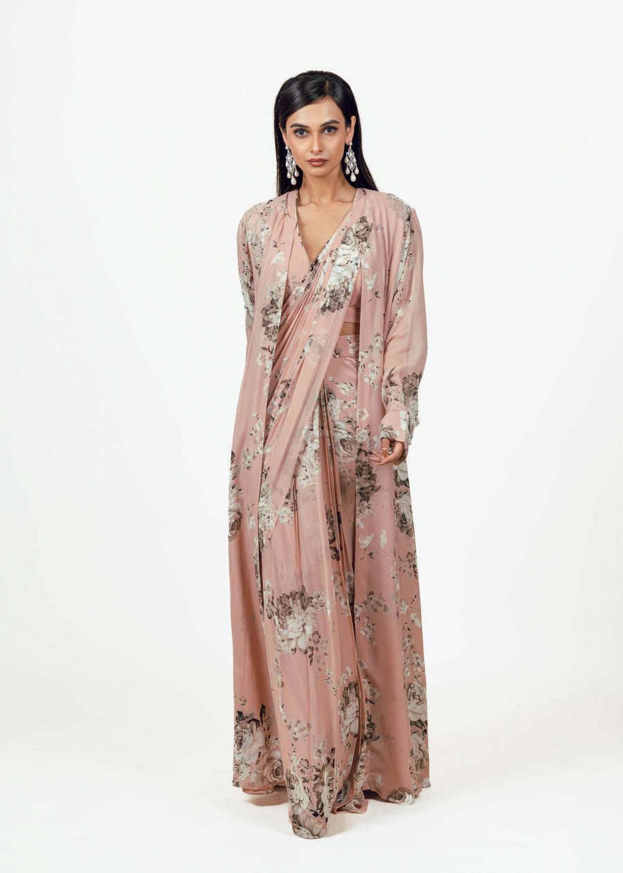 Tara Blossom Pink Drape Saree and Jacket Set