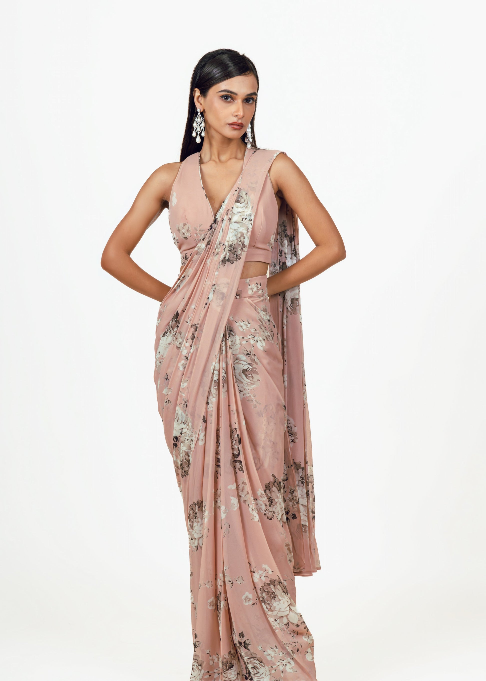 Tara Blossom Pink Drape Saree and Jacket Set