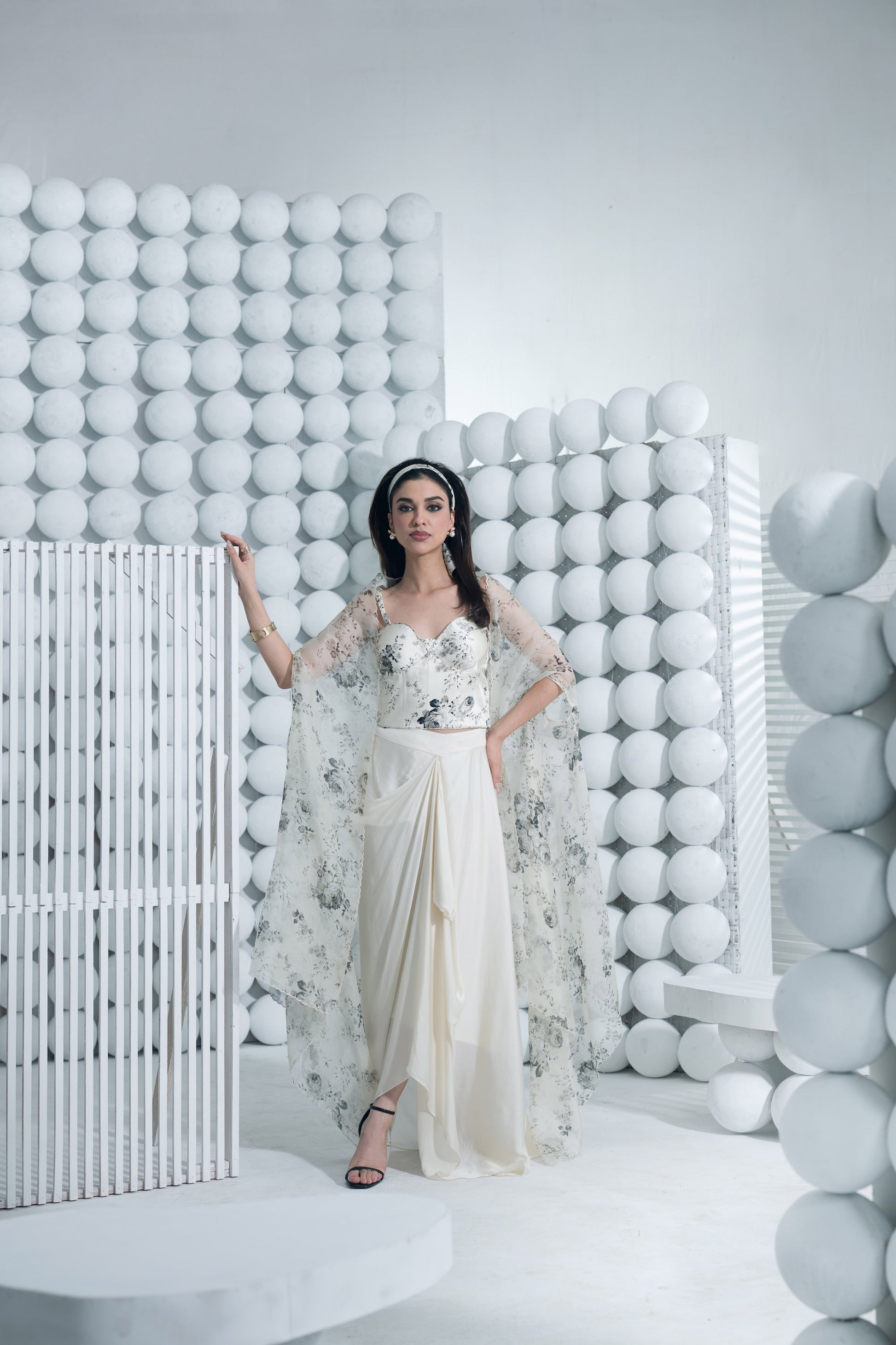 Tara White Corset Cape and Draped Skirt Set