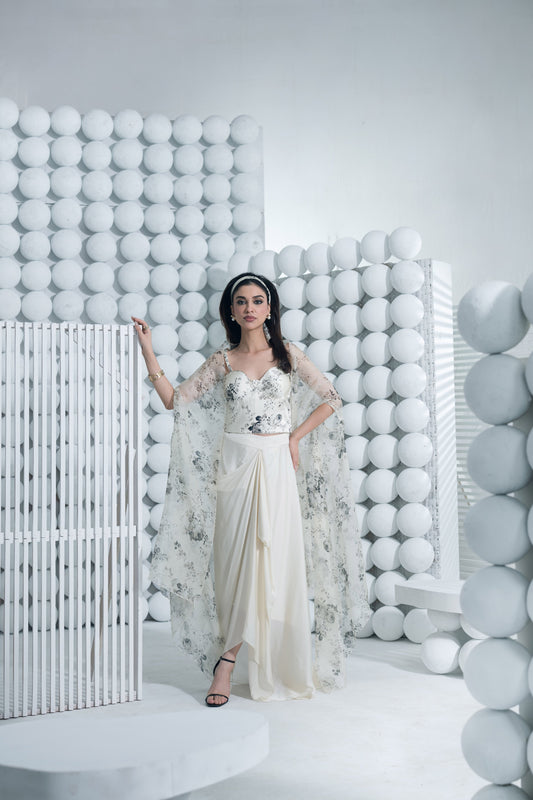 Tara White Corset Cape and Draped Skirt Set