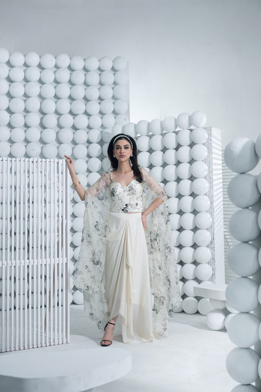 Tara White Corset Cape and Draped Skirt Set