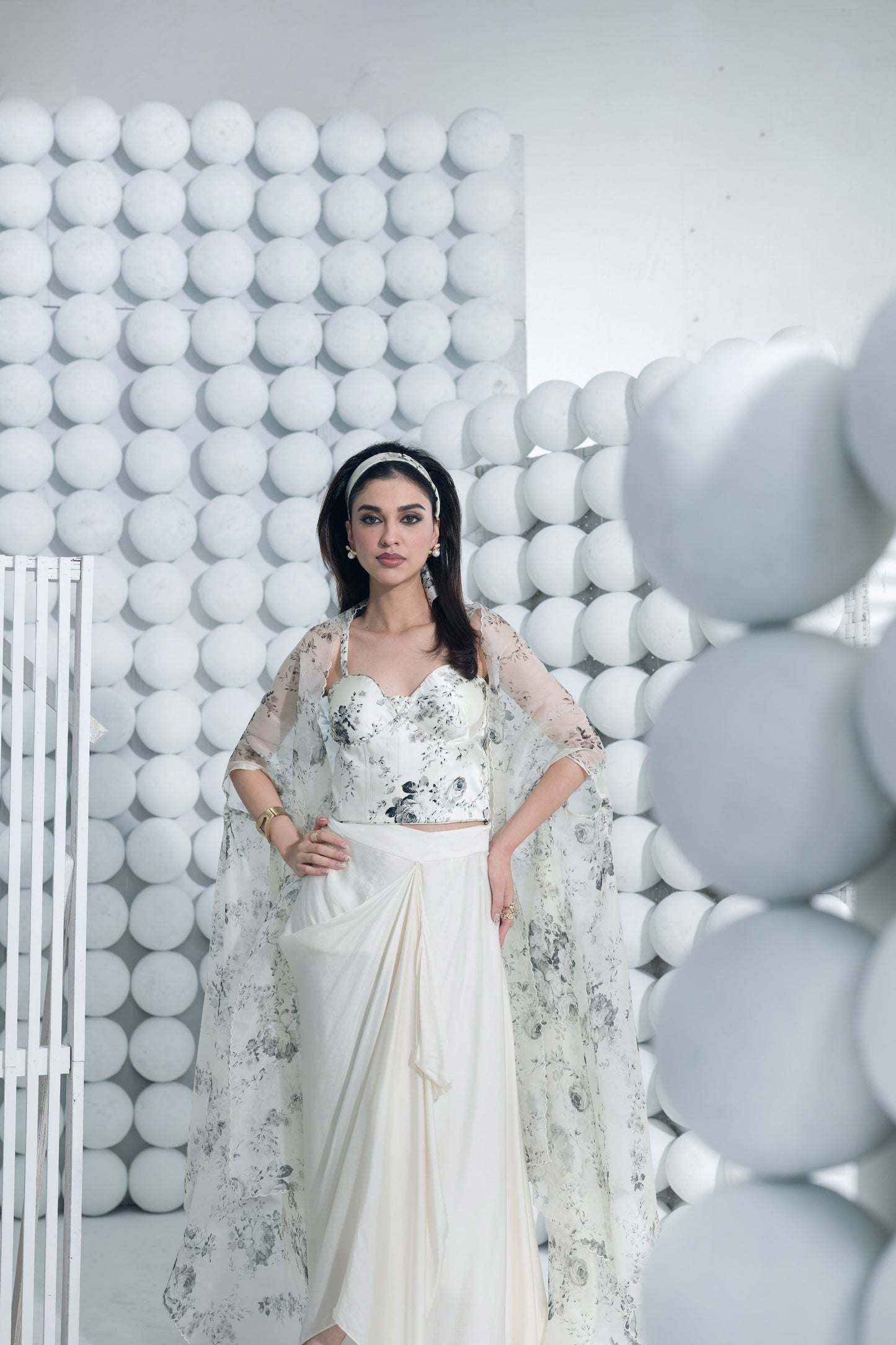 Tara White Corset Cape and Draped Skirt Set