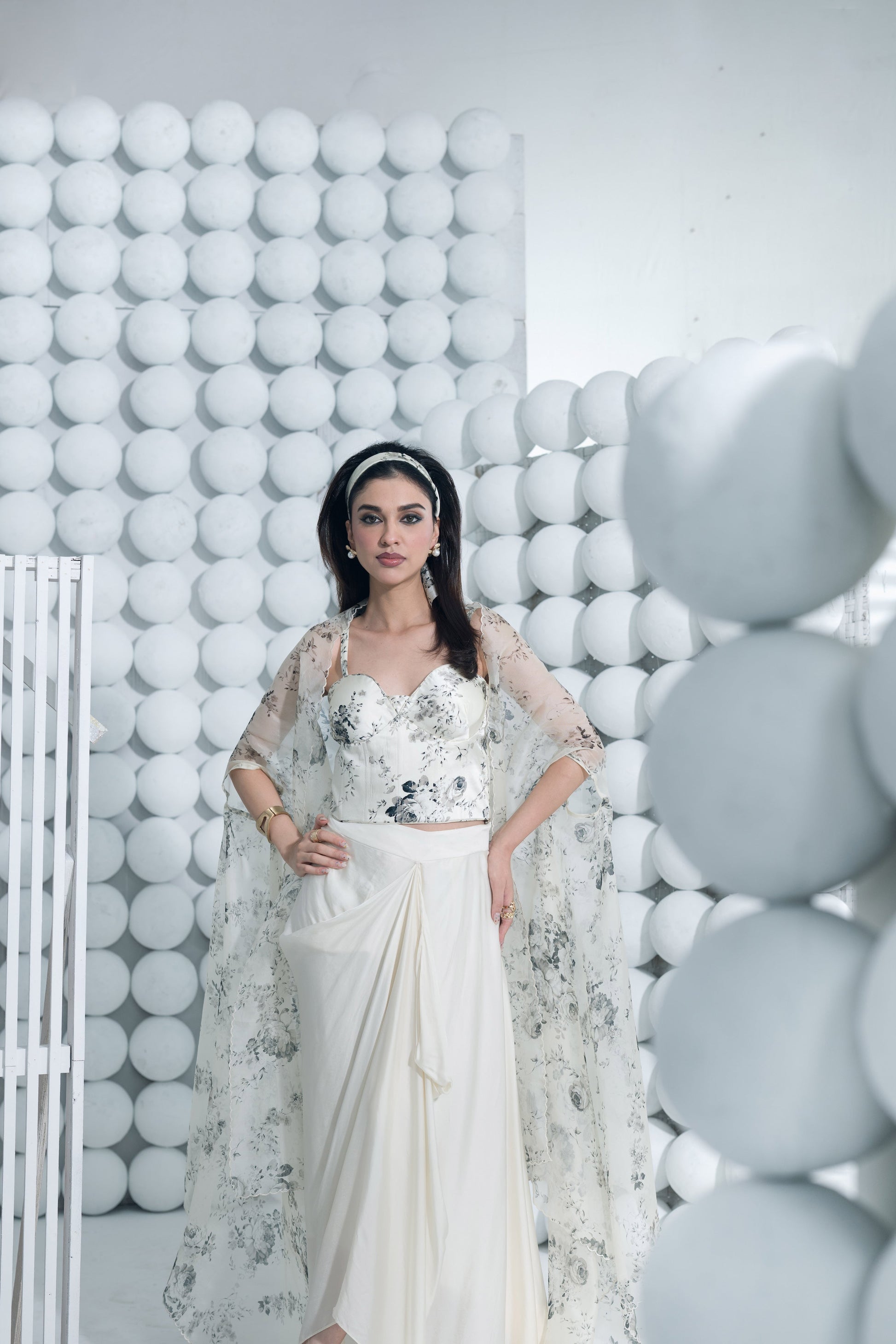 Tara White Corset Cape and Draped Skirt Set