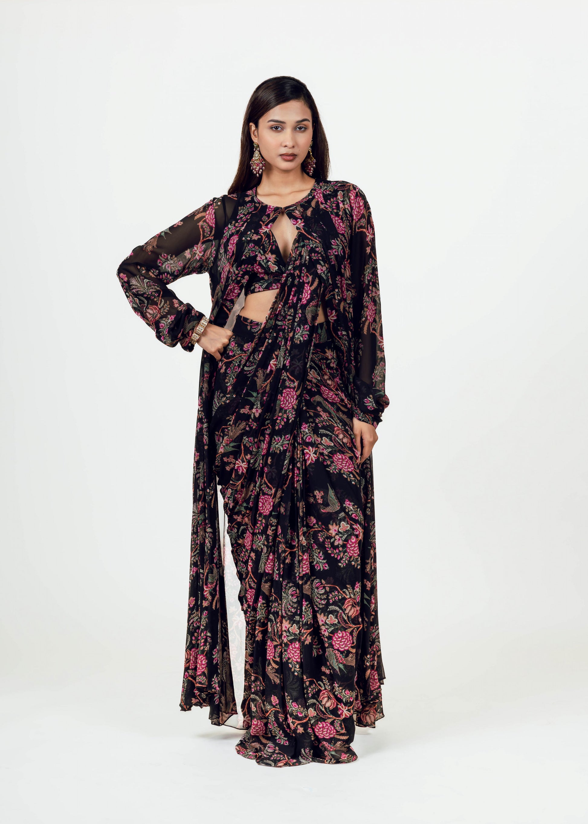 Alka Black Drape Saree and Jacket Set