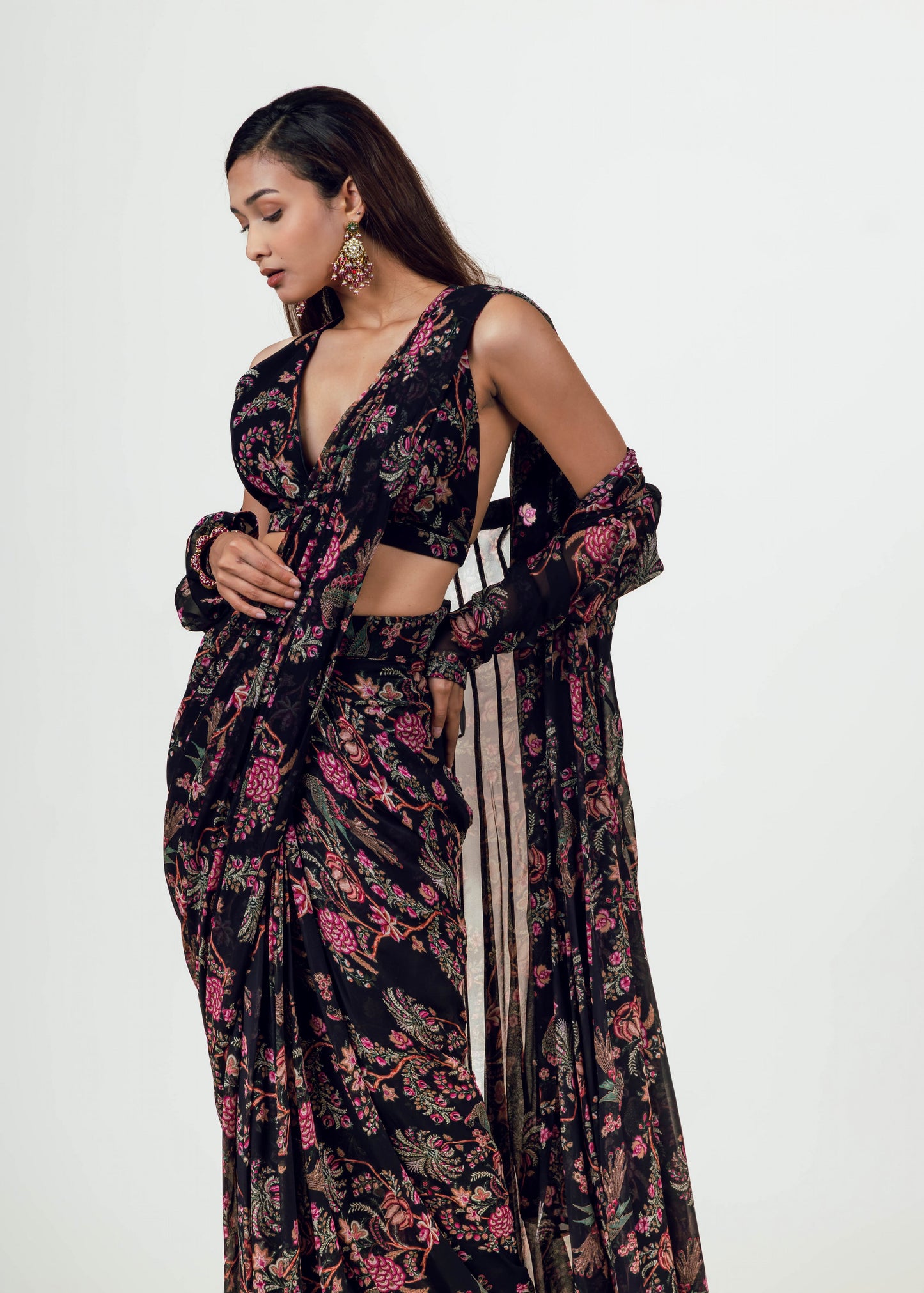 Alka Black Drape Saree and Jacket Set