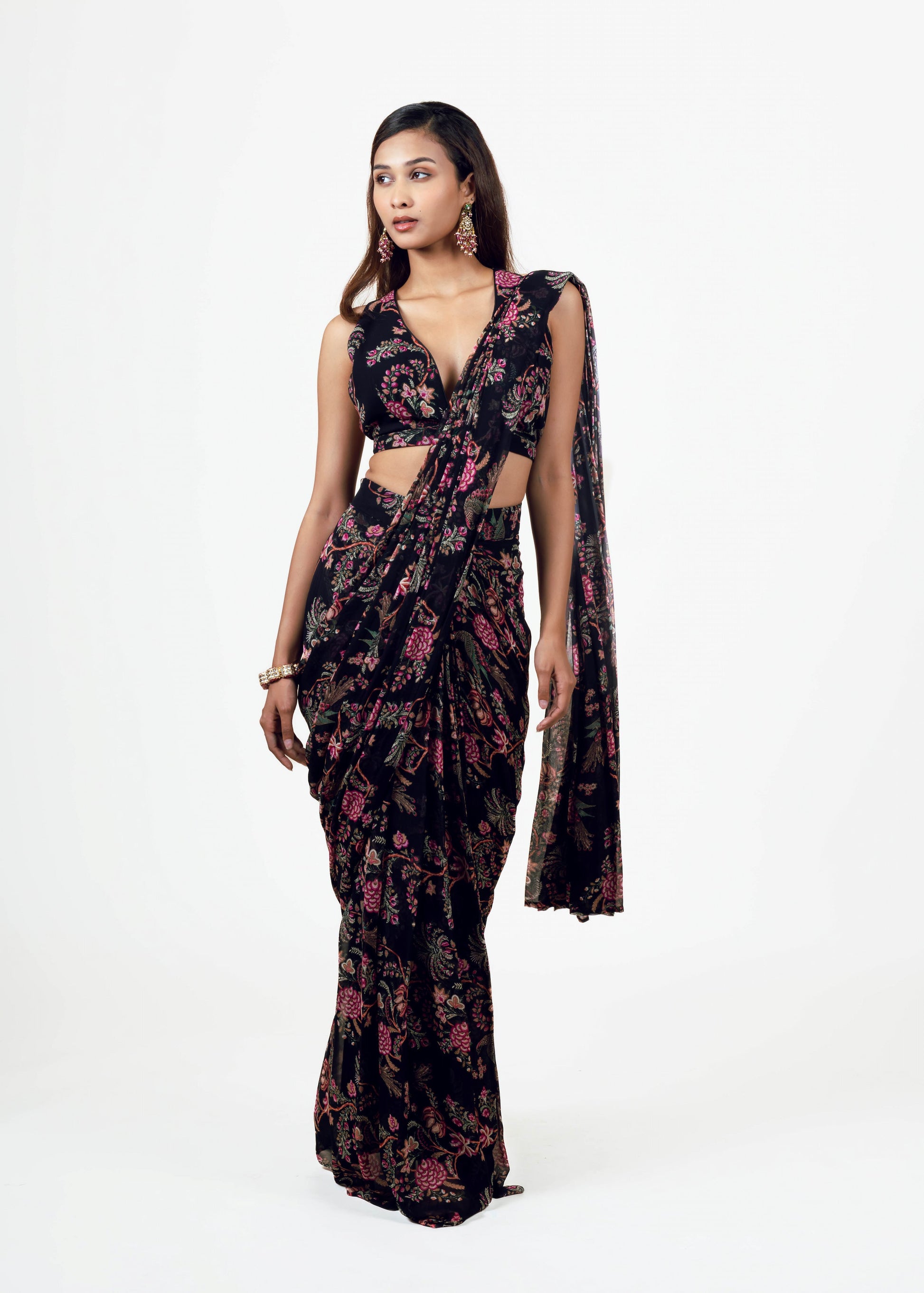 Alka Black Drape Saree and Jacket Set