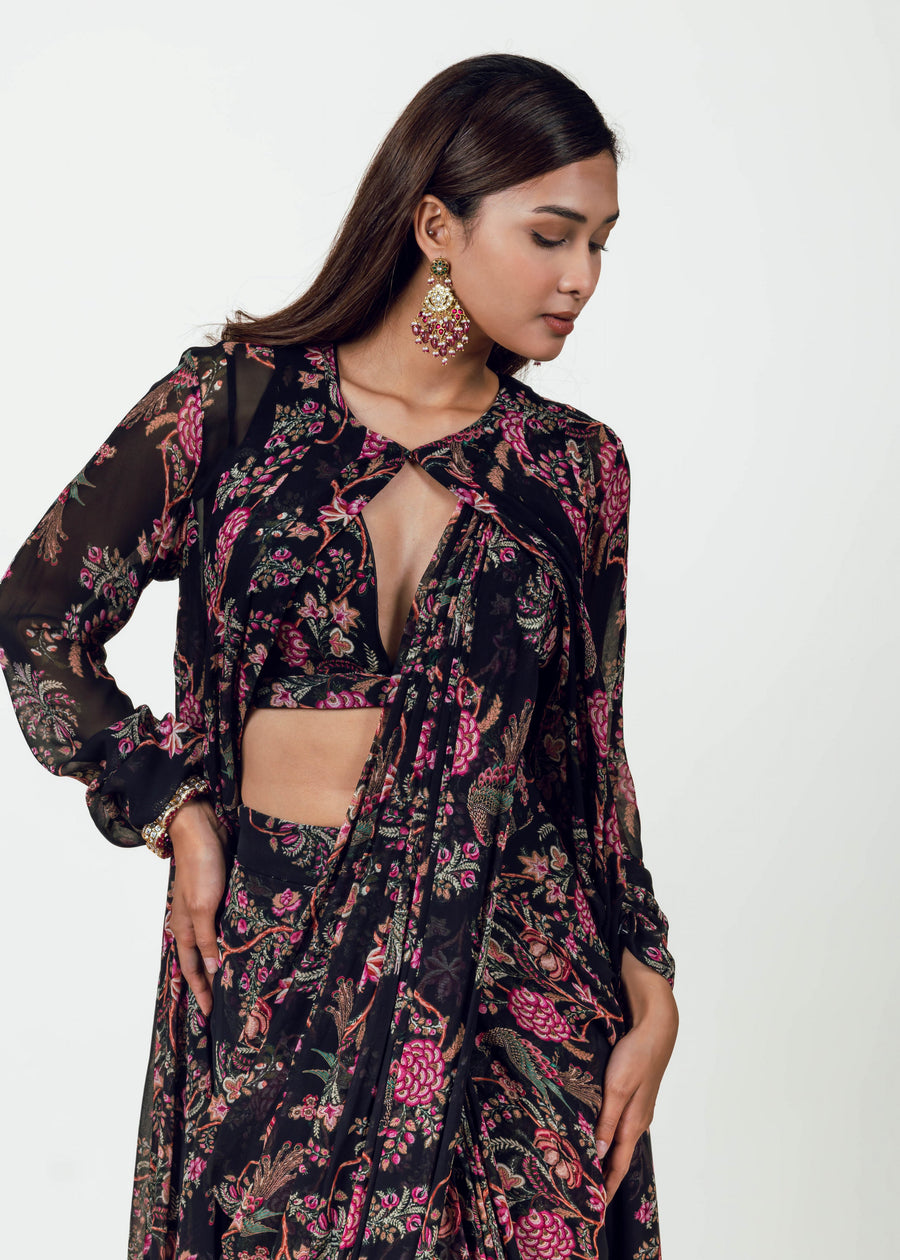 Alka Black Drape Saree and Jacket Set