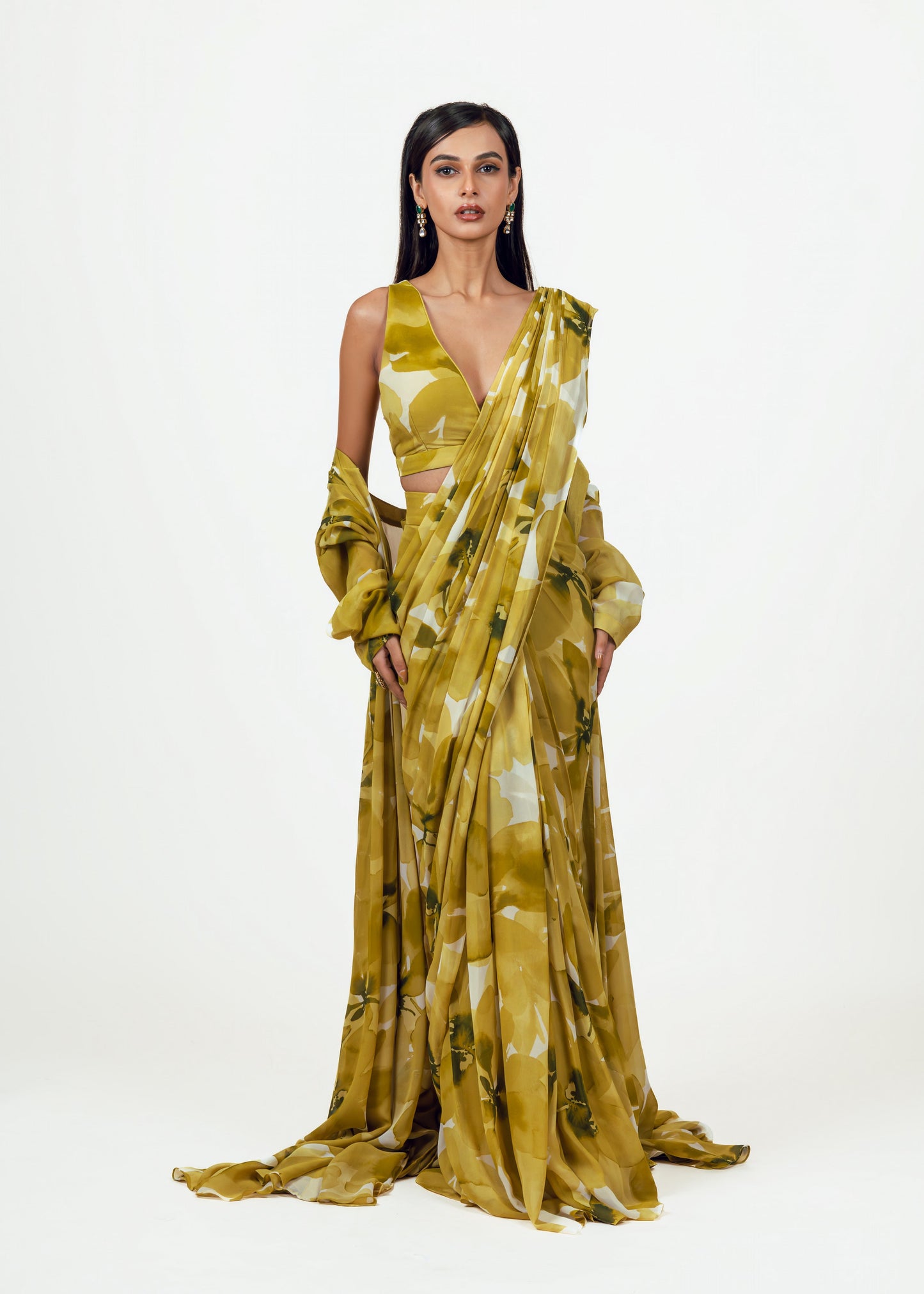 Lara Lime Drape Saree and Jacket Set