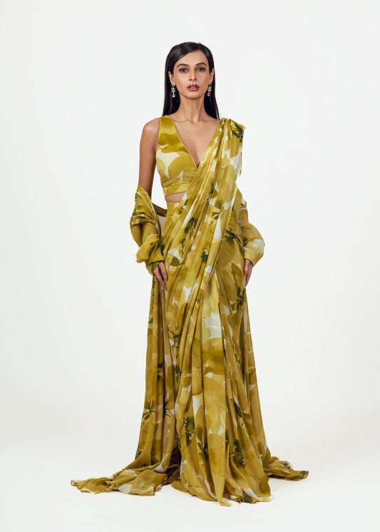Lara Lime Drape Saree and Jacket Set