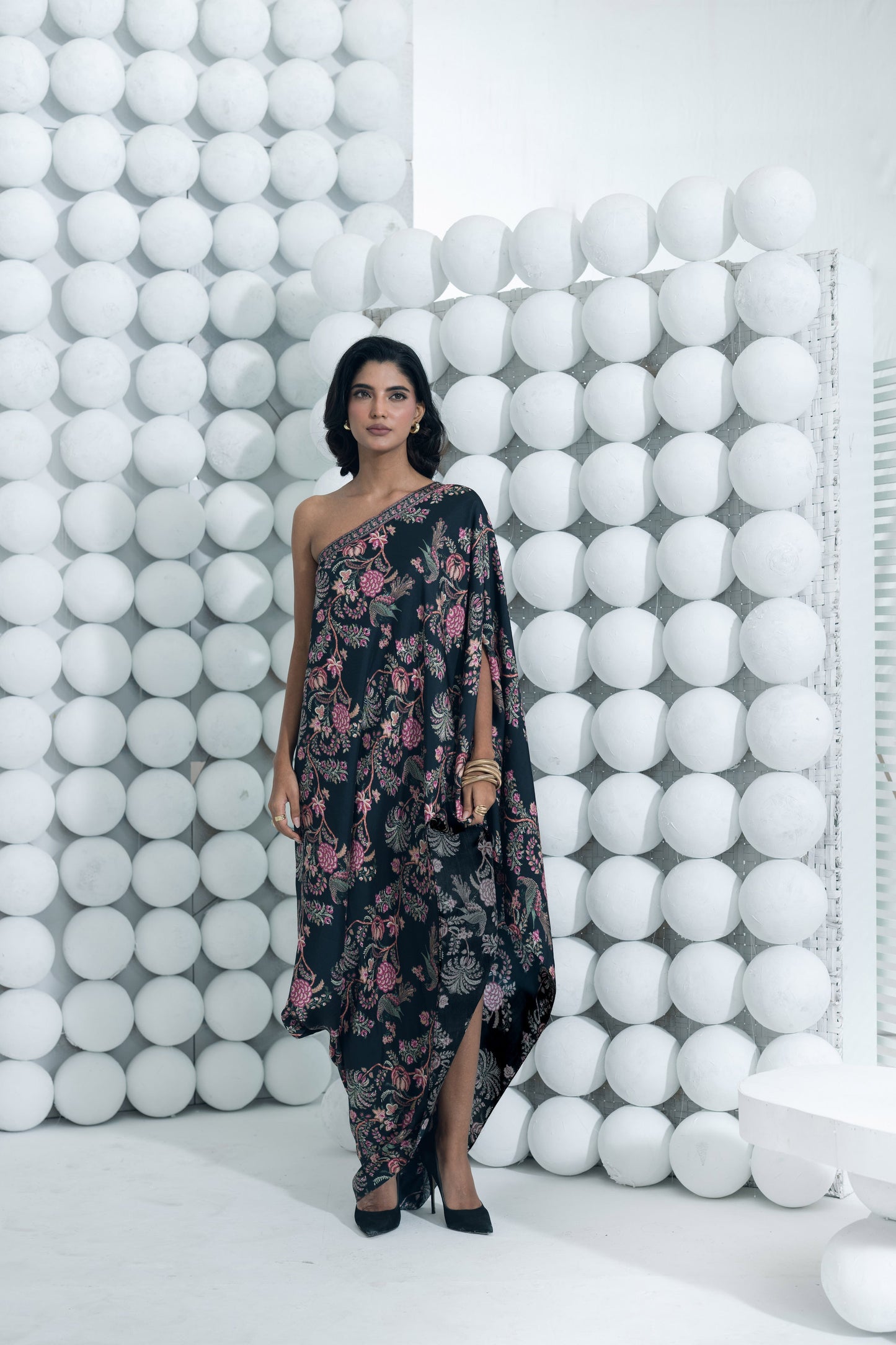 Alka Black One Shoulder Cowl Dress