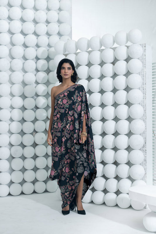 Alka Black One Shoulder Cowl Dress