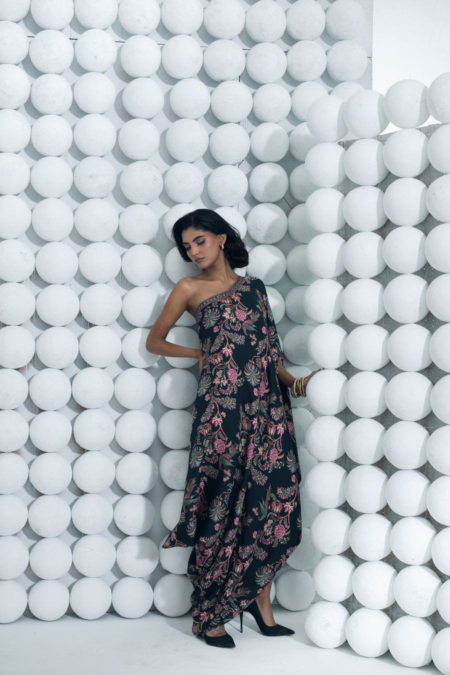 Alka Black One Shoulder Cowl Dress