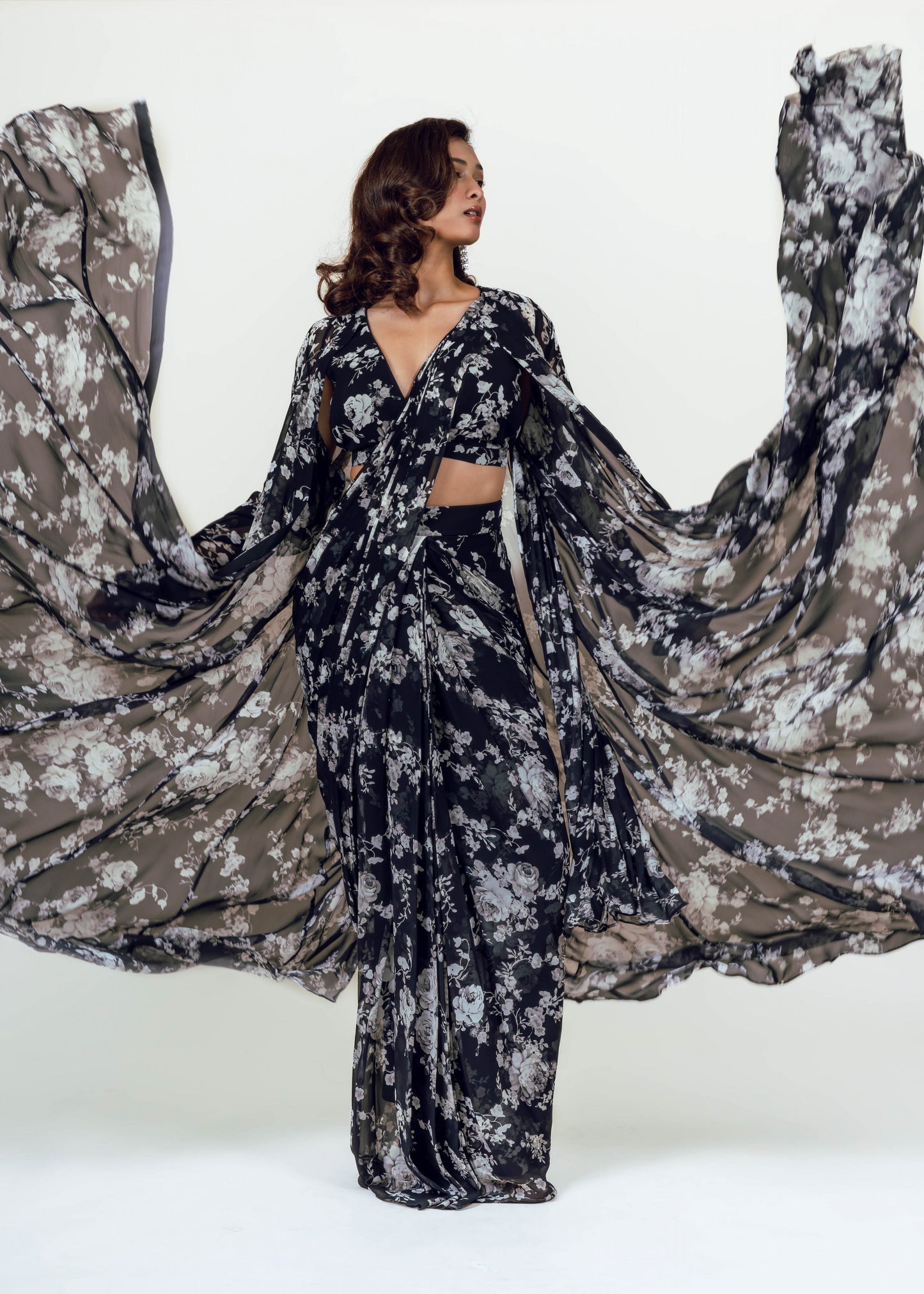 Tara Black Drape Saree and Jacket Set