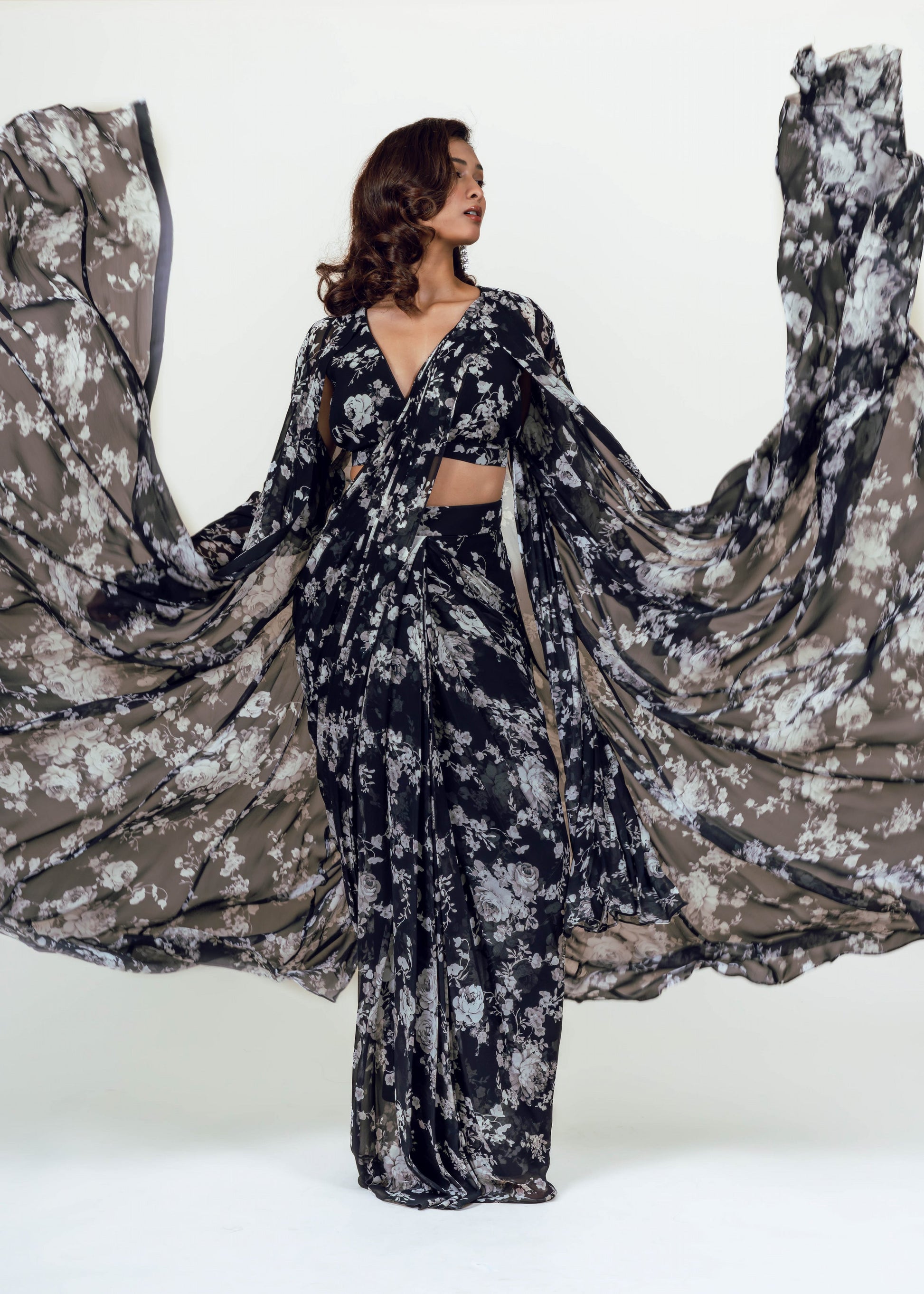 Tara Black Drape Saree and Jacket Set