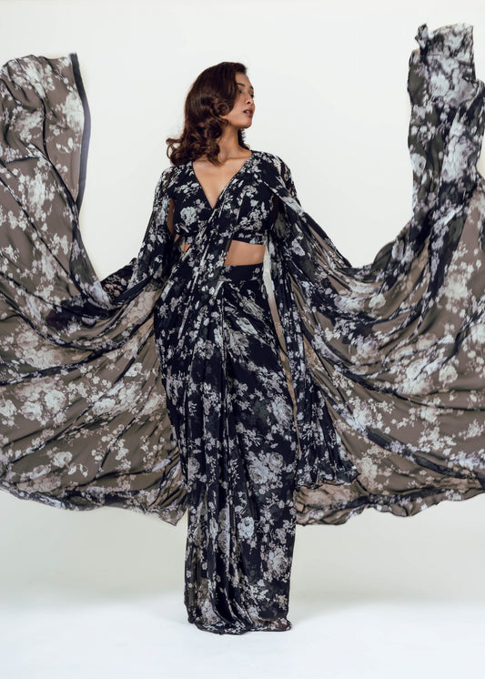 Tara Black Drape Saree and Jacket Set