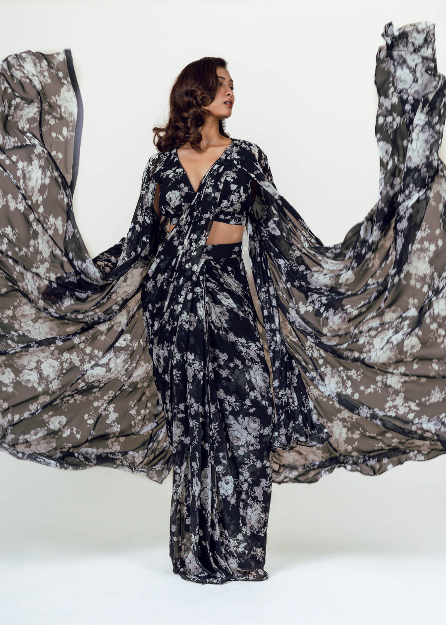 Tara Black Drape Saree and Jacket Set