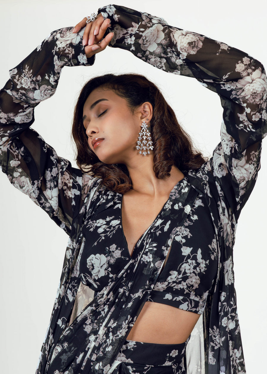 Tara Black Drape Saree and Jacket Set
