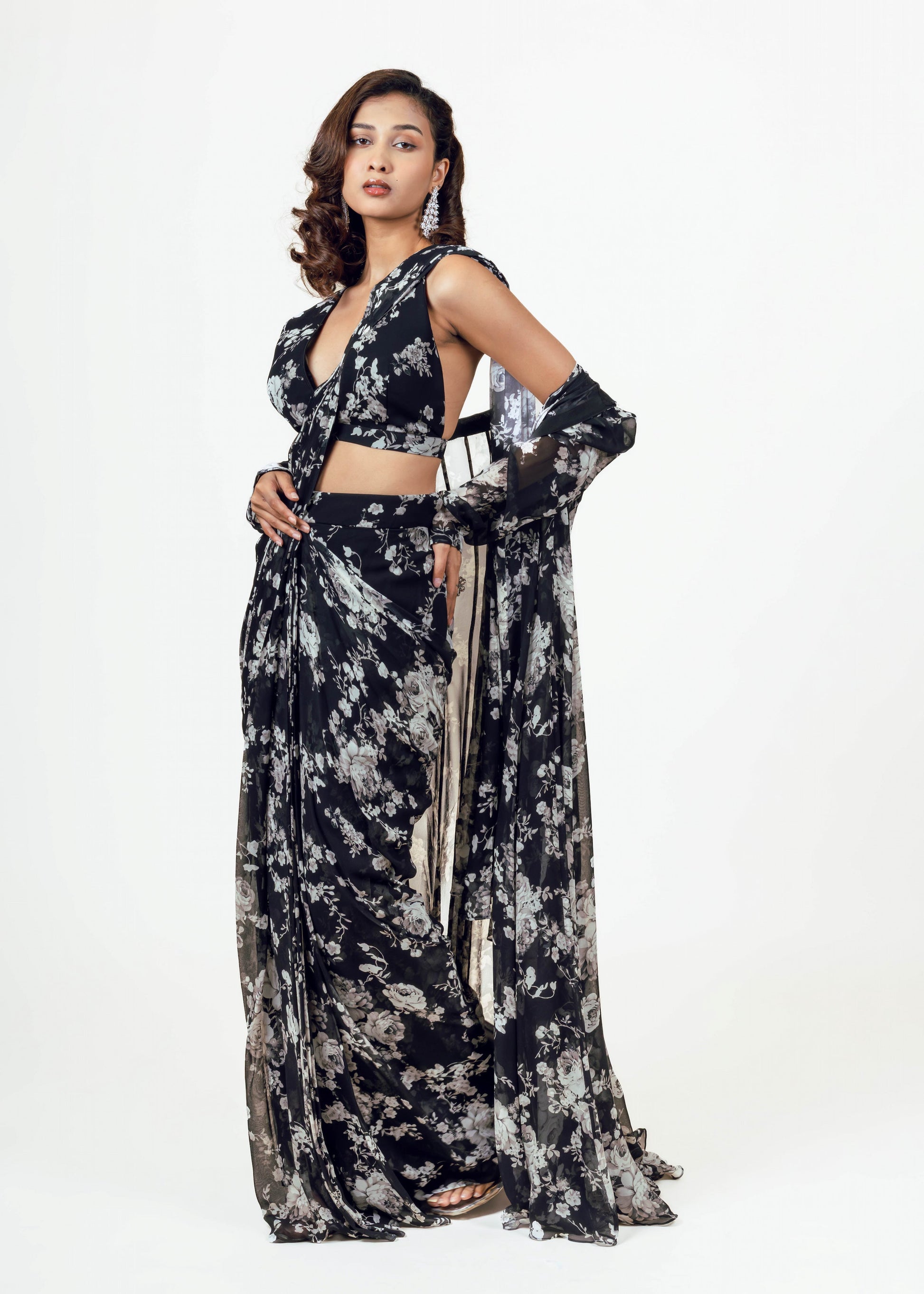 Tara Black Drape Saree and Jacket Set