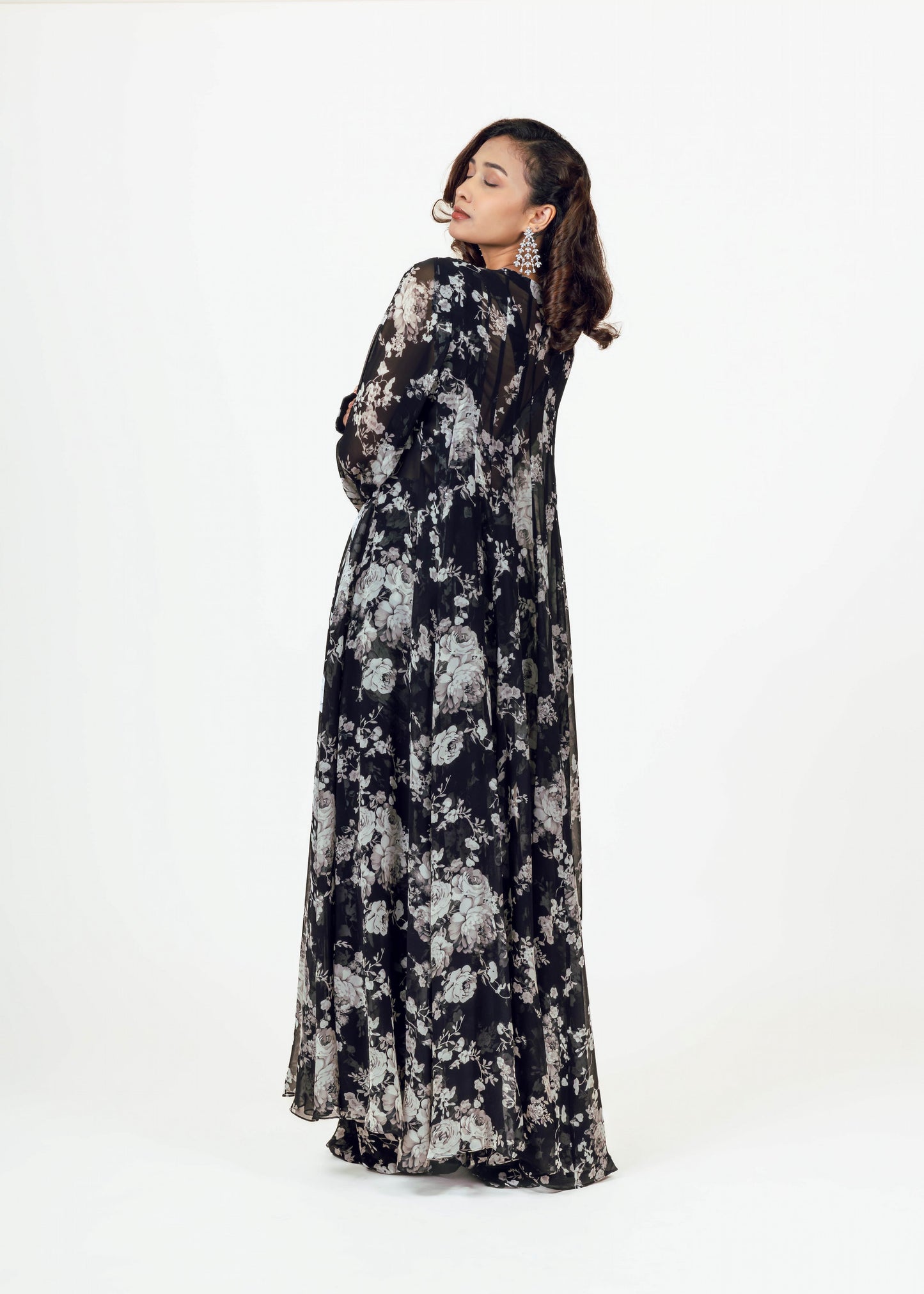 Tara Black Drape Saree and Jacket Set