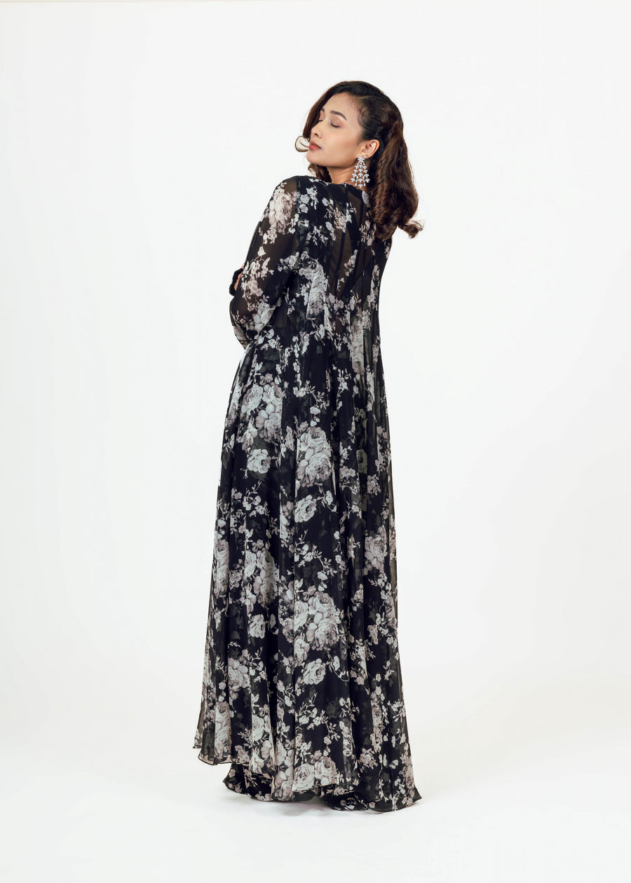 Tara Black Drape Saree and Jacket Set
