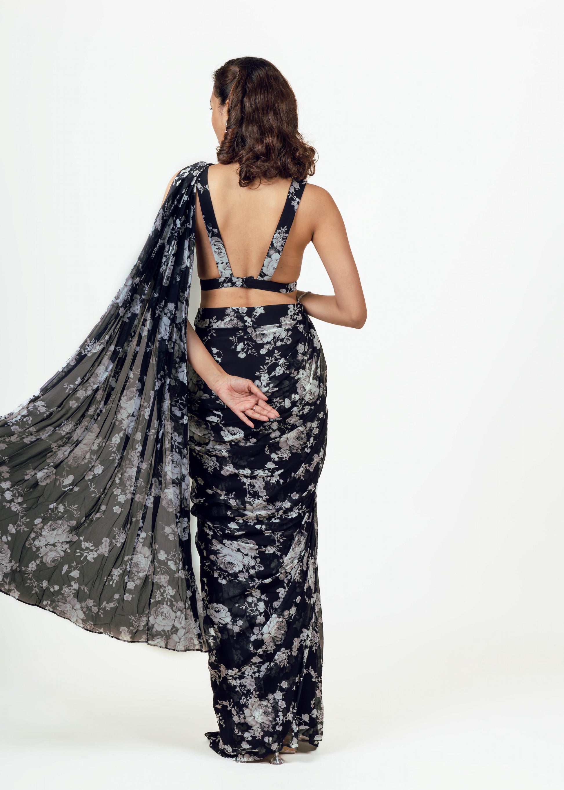 Tara Black Drape Saree and Jacket Set
