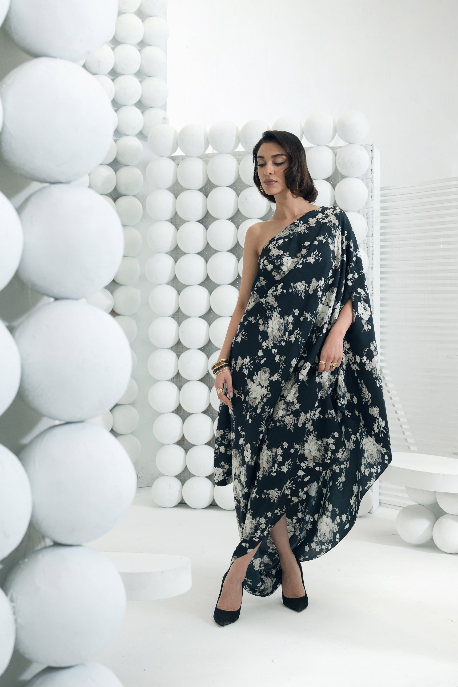 Tara Black One Shoulder Cowl Dress