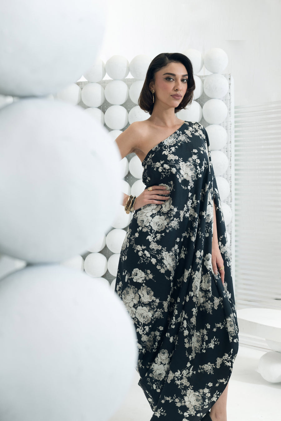 Tara Black One Shoulder Cowl Dress