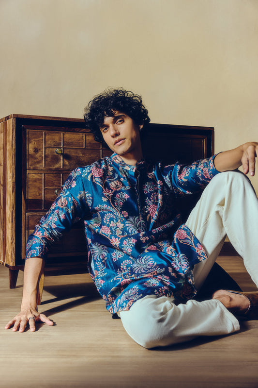 Chintz Print Alka Kurta in Prussian Blue - Studio 113 Indian designer saree for women