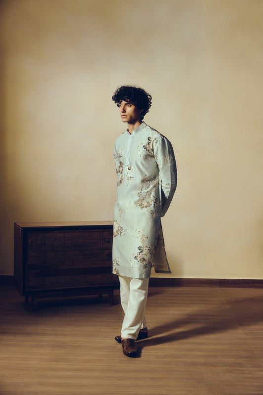 Abstract Floral Print Tara Kurta in Pearl Blue - Studio 113 Indian designer saree for women