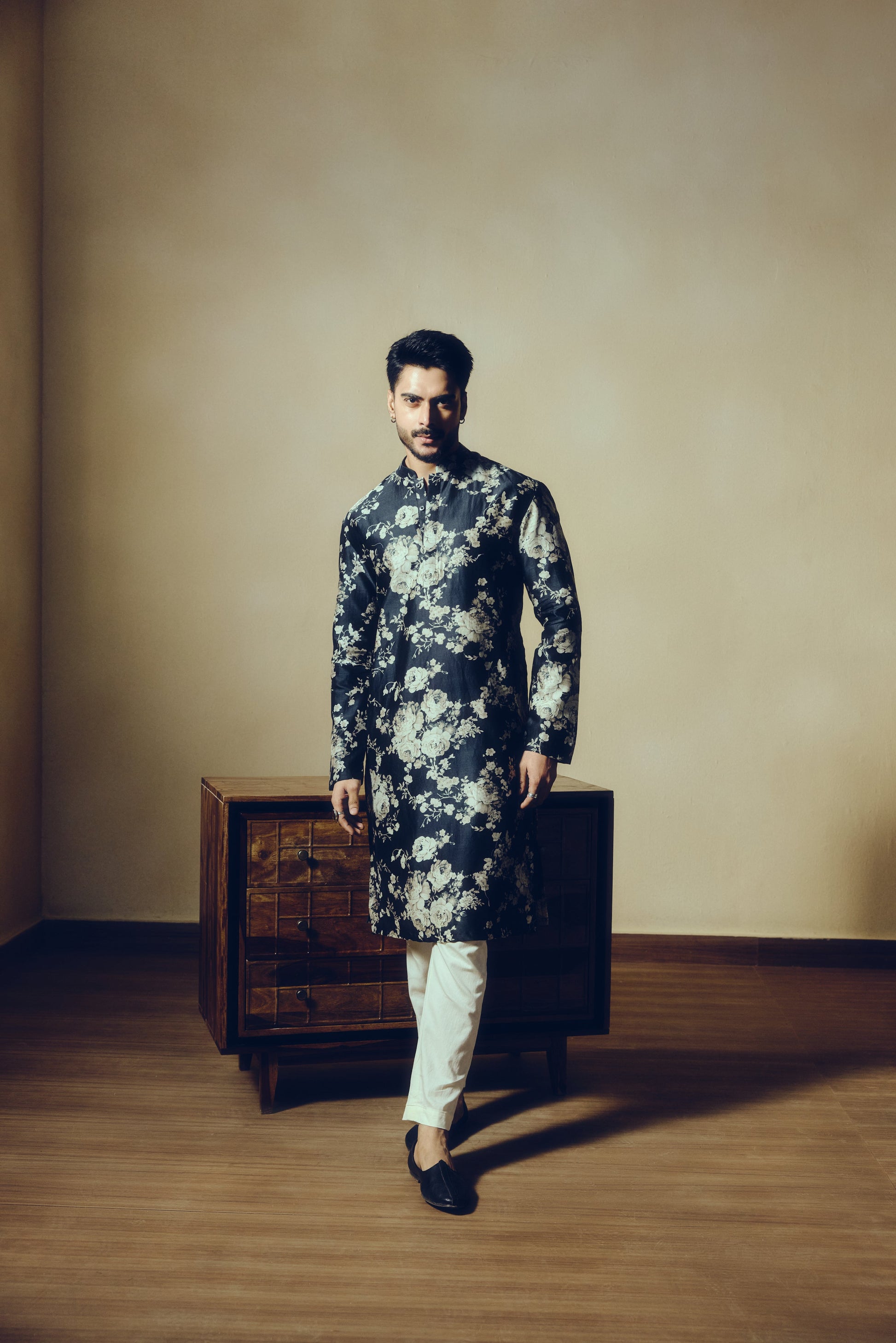 Abstract Floral Print Tara Kurta in Black - Studio 113 Indian designer saree for women