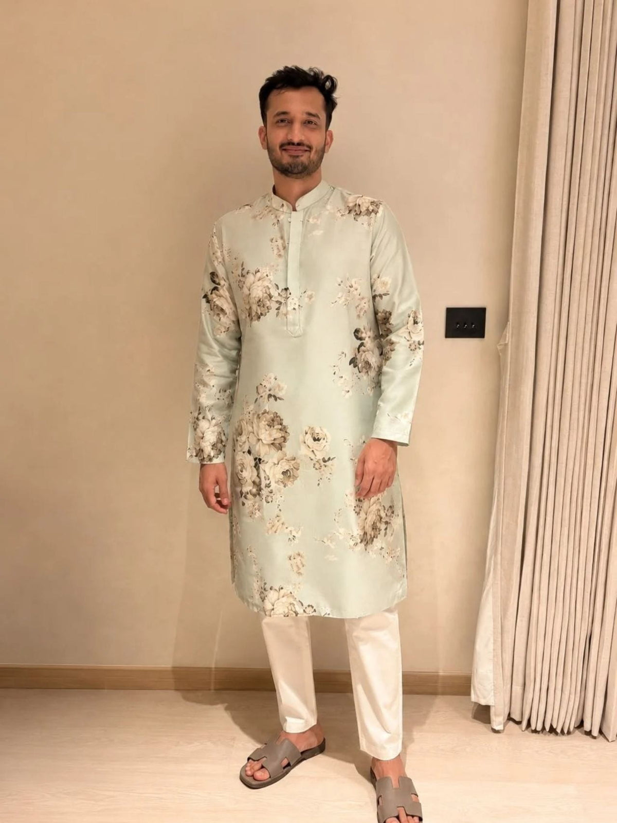 Siddharth Gandhi in Studio 113 Abstract Floral Print Tara Kurta in Pearl Blue