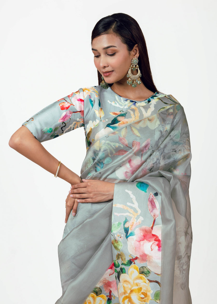 Julie French grey Organza Saree - Studio 113 Indian designer saree for women