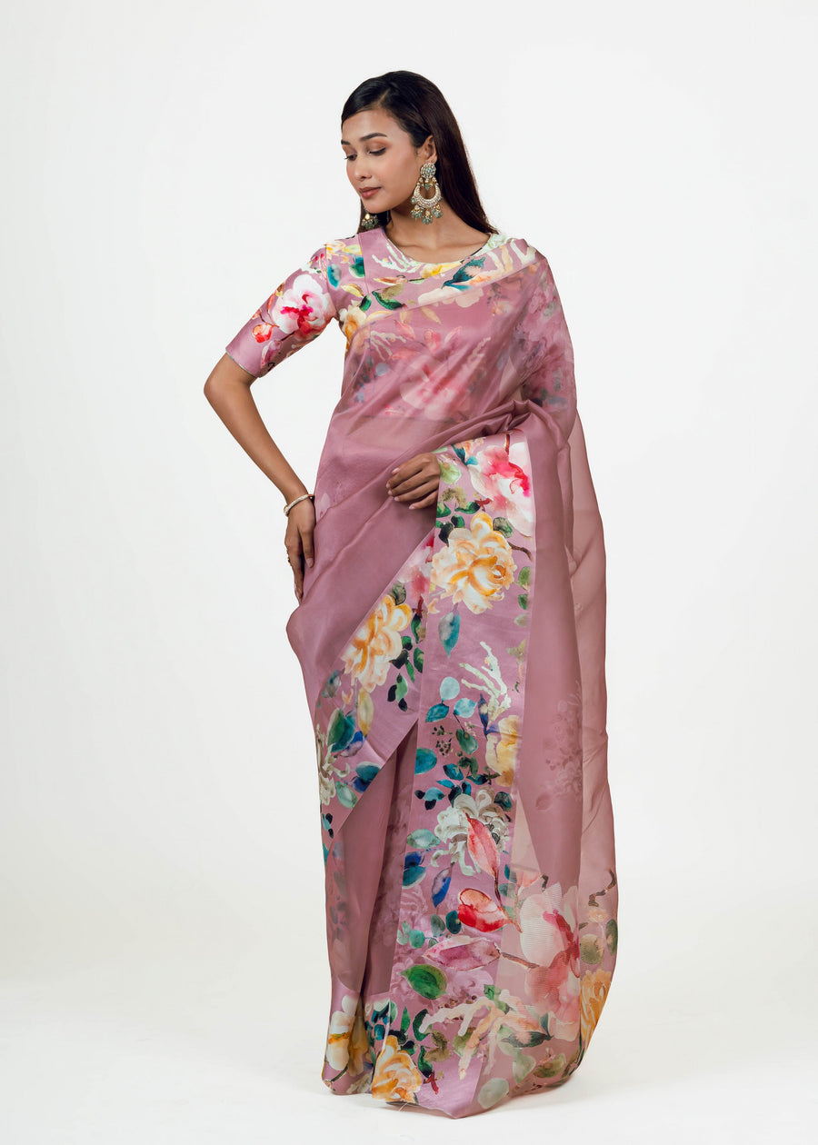 Julie Old Rose Organza Saree - Studio 113 Indian designer saree for women