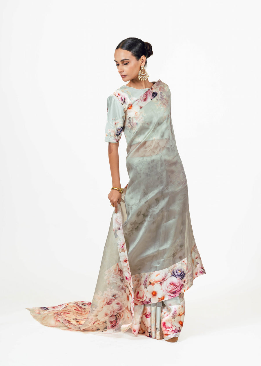 Lina Pearl blue Organza Saree - Studio 113 Indian designer saree for women