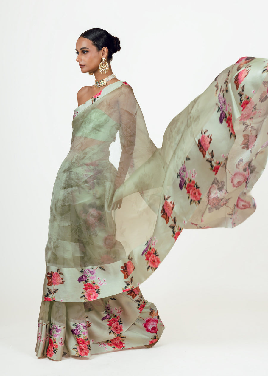 Nila Mist green Organza Saree - Studio 113 Indian designer saree for women