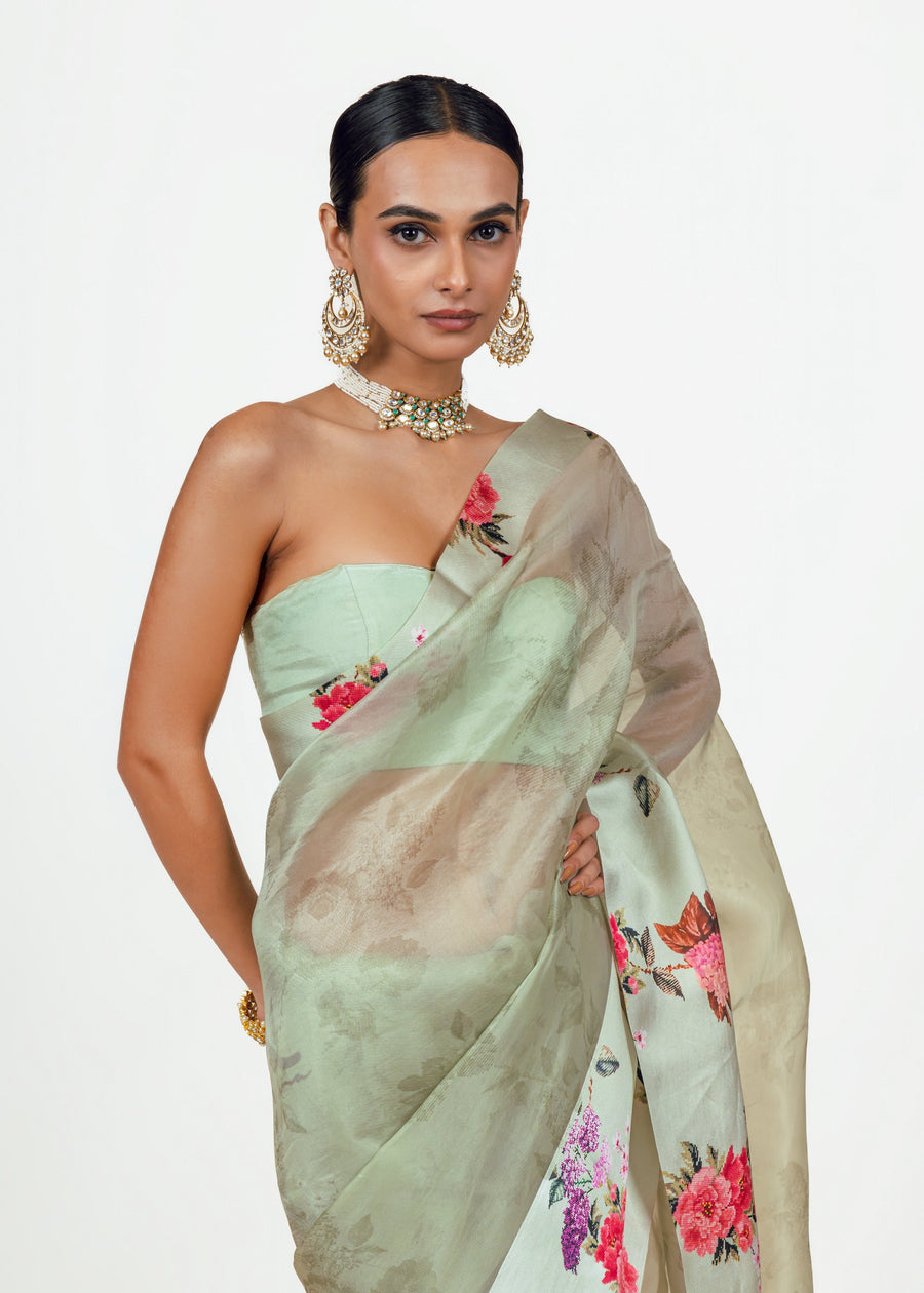 Nila Mist green Organza Saree - Studio 113 Indian designer saree for women