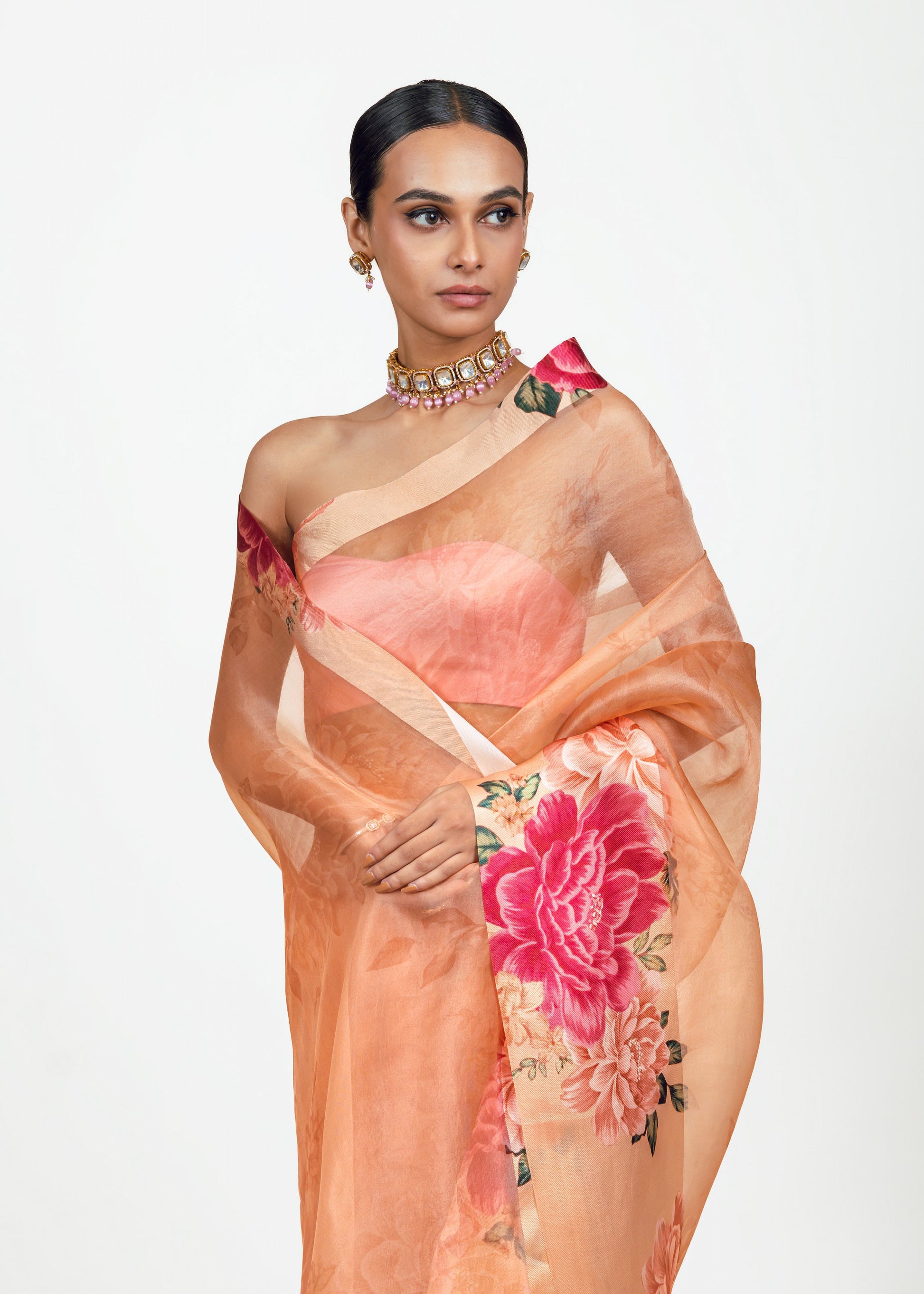 Farah Peach Organza Saree - Studio 113 Indian designer saree for women