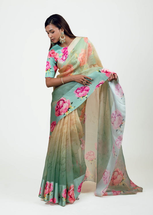 Monica Aqua Yellow Organza Saree - Studio 113 Indian designer saree for women