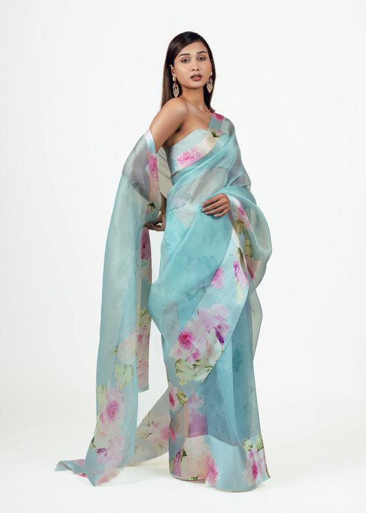 Alea Blue Organza Saree - Studio 113 Indian designer saree for women
